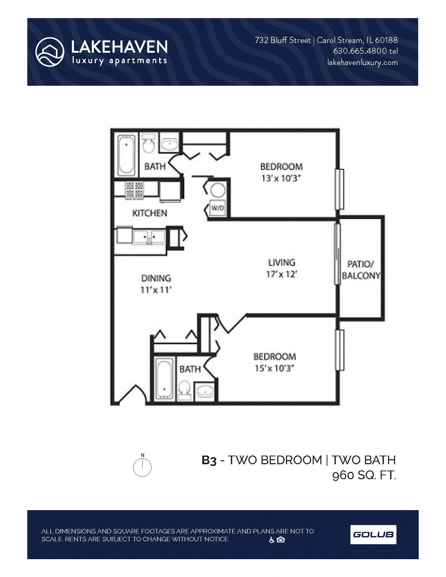 Floor plan for 2 beds, 2 baths, 960 sqft